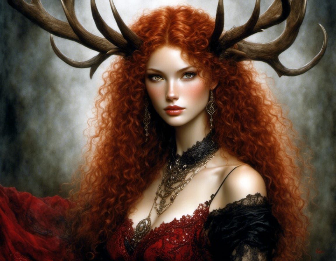Woman with Antlers in Royo-Inspired Portrait