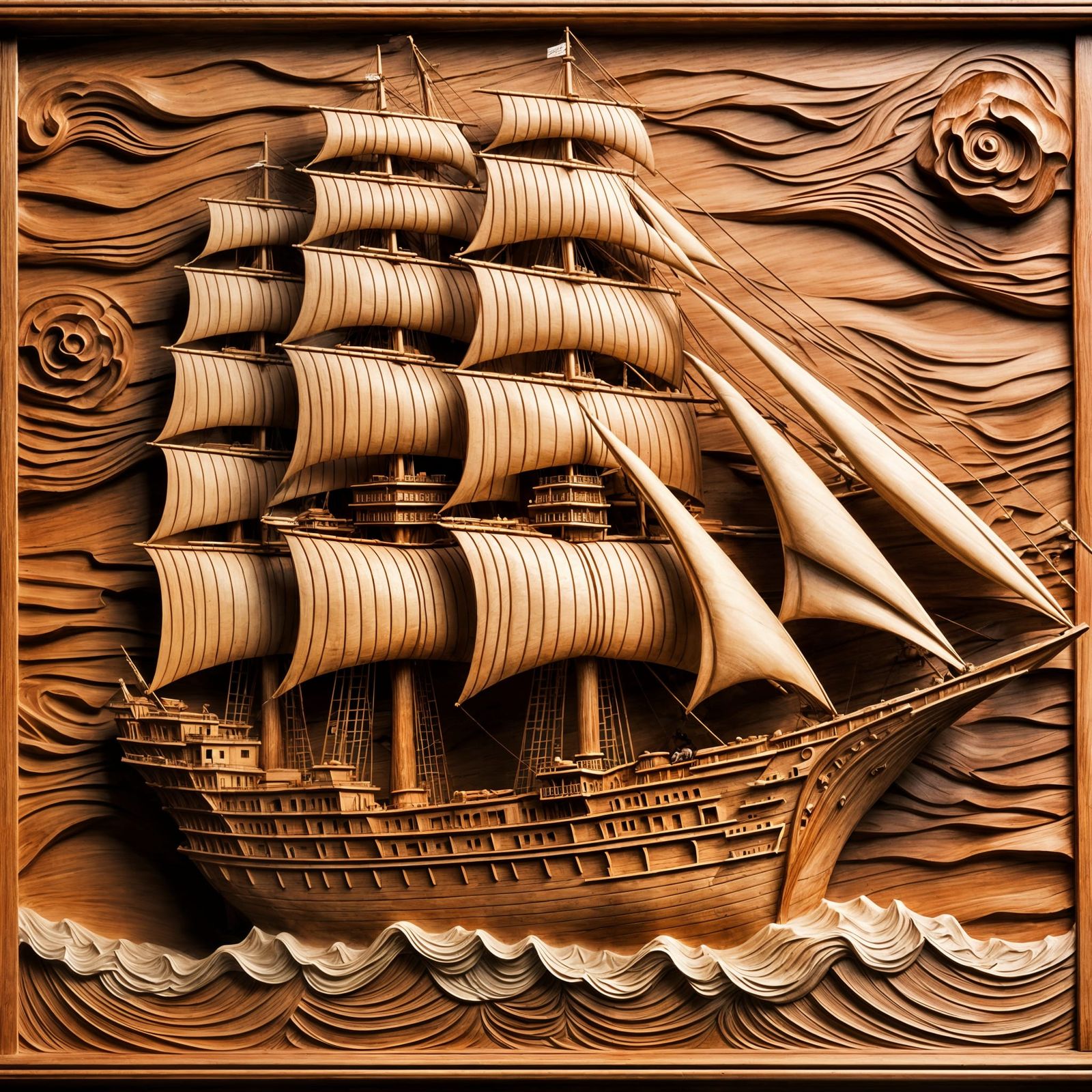Hyperrealistic Wood Carving of a Giant Sailship