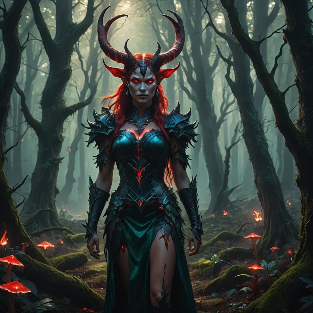 Demon Girl in Mystical Forest: Fantasy Concept Art