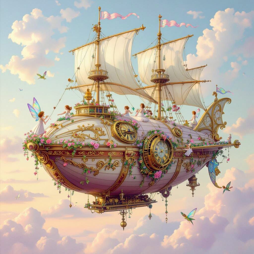 Ornate Music Box Airship in Pastel Sky, Art Nouveau