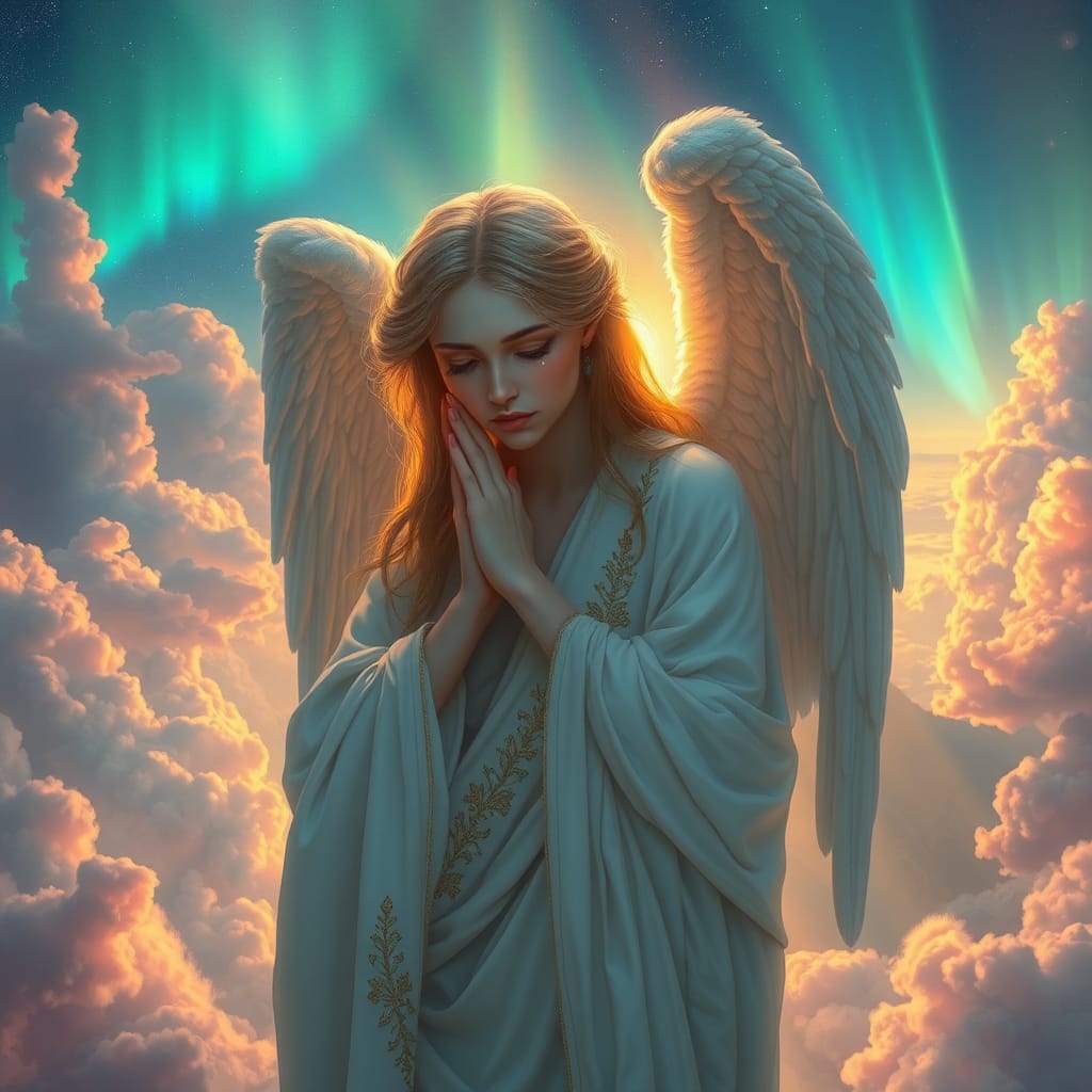 Sorrowful Angel Weeping in Iridescent Aurora