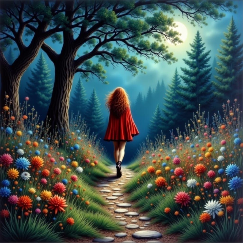 Red-Haired Woman in Forest, Hyperrealistic Digital Art