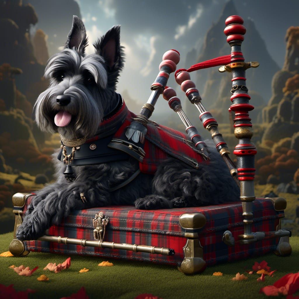 Scottish Terrier on Bagpipes in Detailed Matte Painting