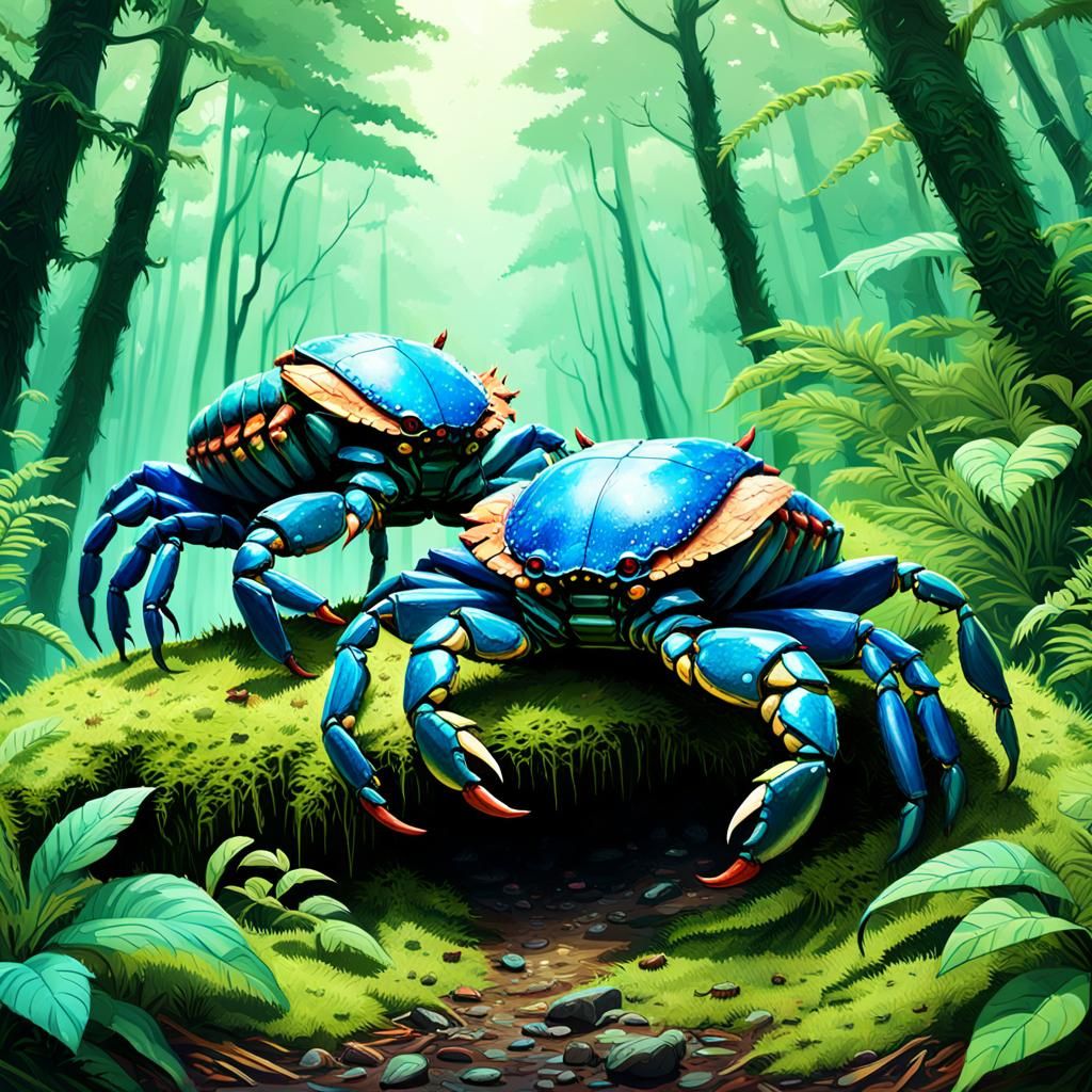 Blue Crabs in Lush Forest: Fantasy Art Concept