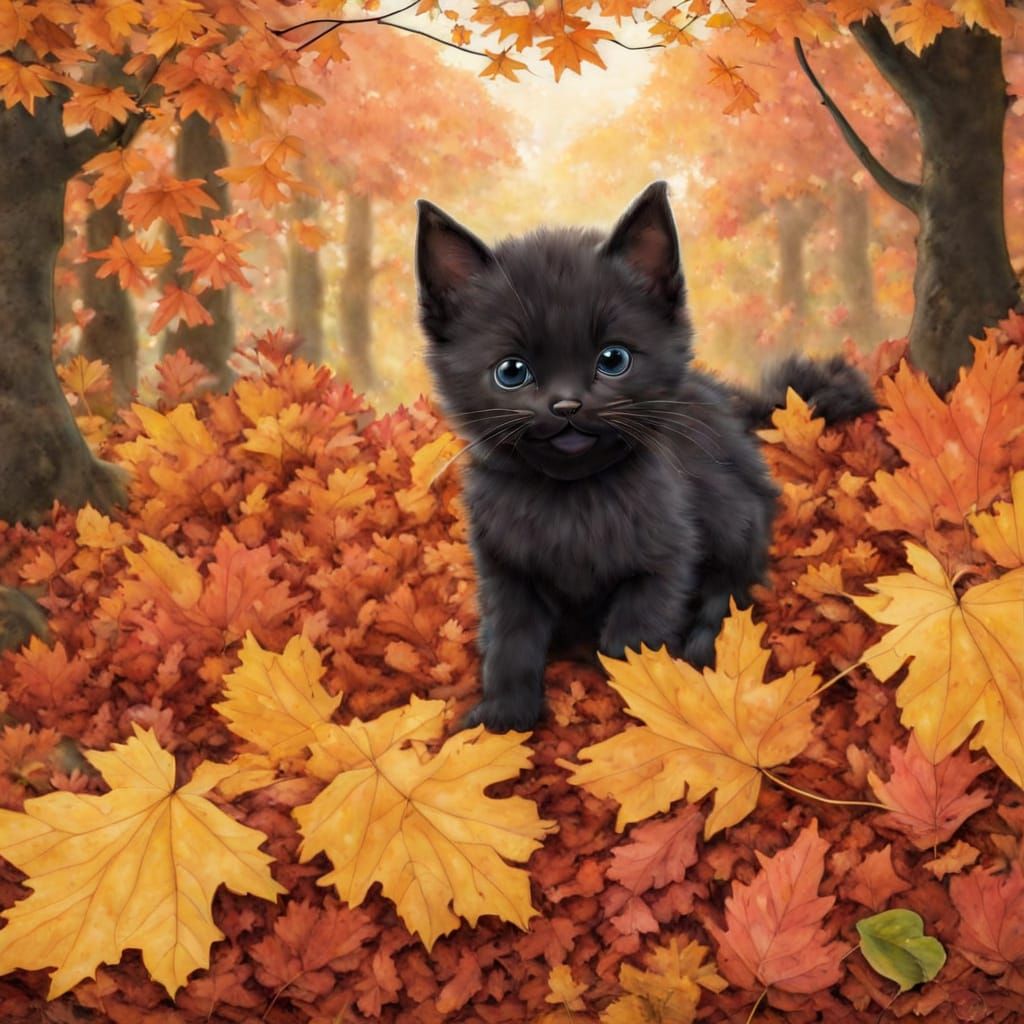Cute Black Kitten Plays in Lush Fall Forest Leaves