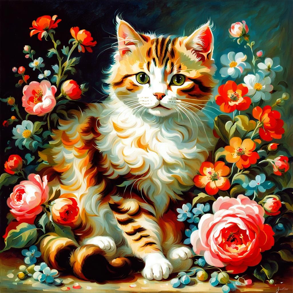 Cute Cat with Flowers in Rococo Style