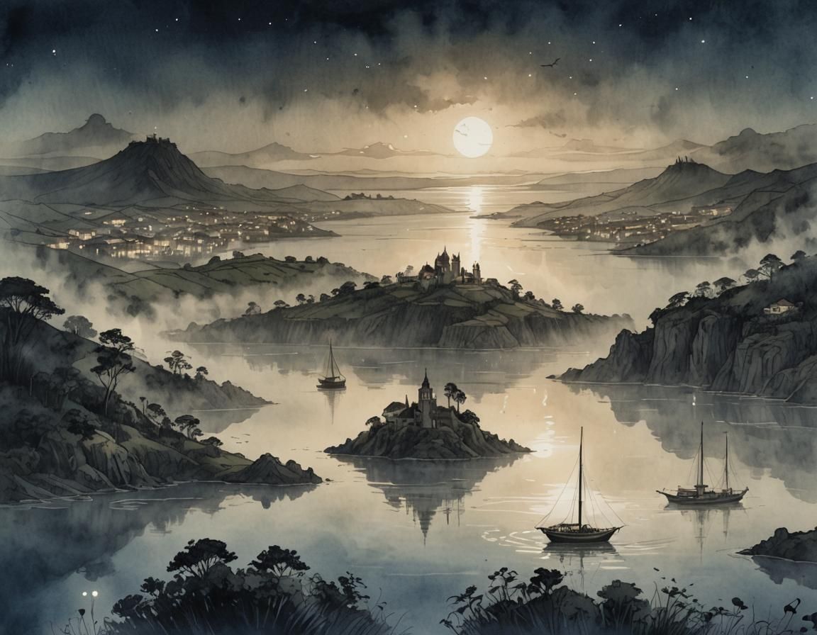 Moonlit Lagoon, Azores: Sepia Watercolor Comic Art