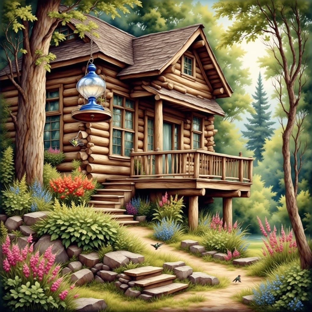 Hummingbirds Feeding at Log House, Watercolor Style