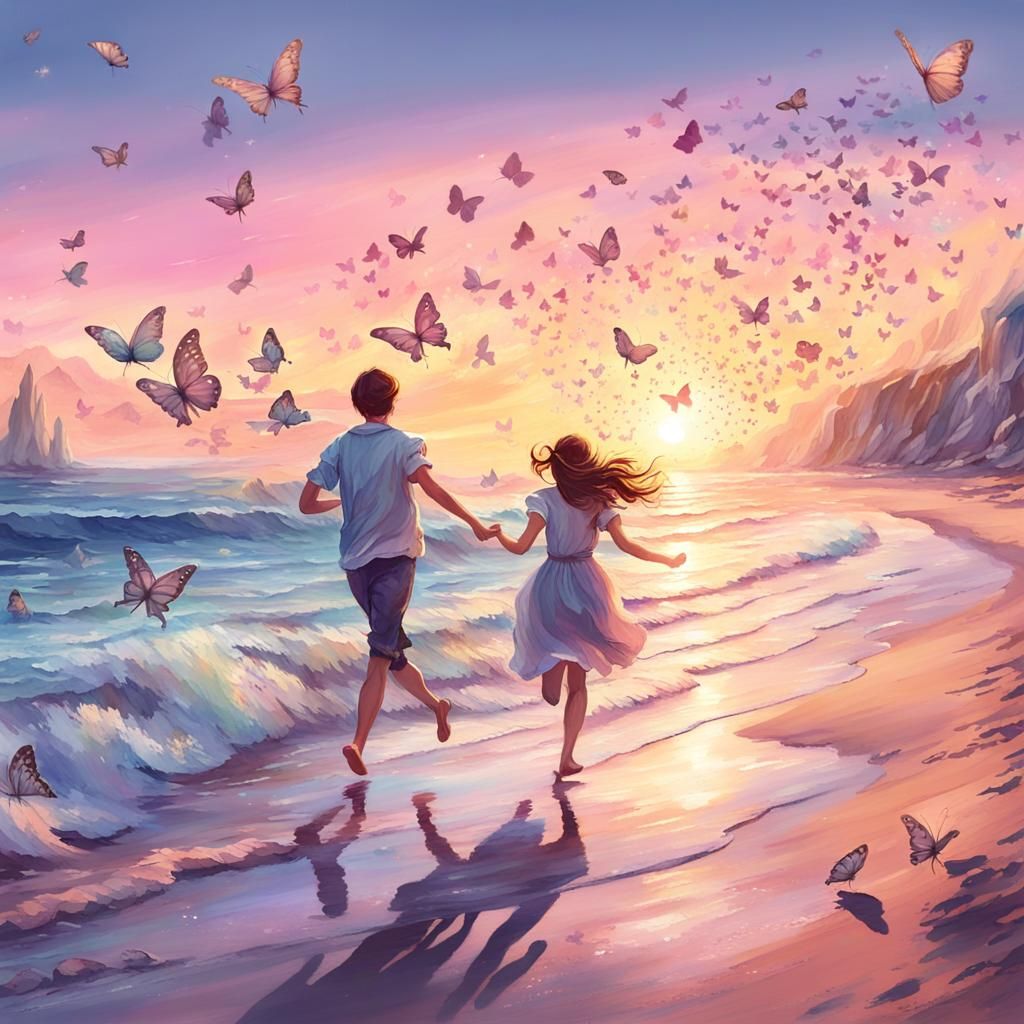 Pastel Watercolor: Children Running to the Sea