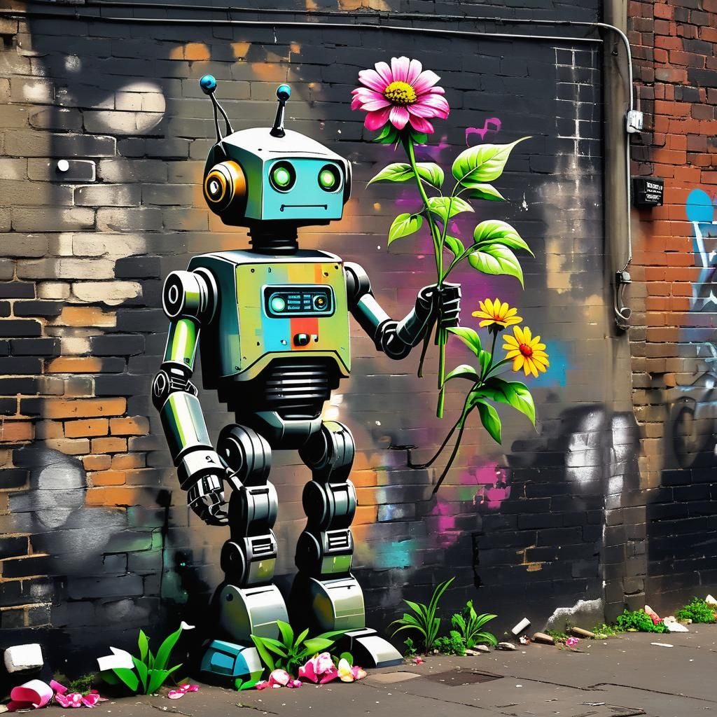 Whimsical Robot with Flower Chalk Mural