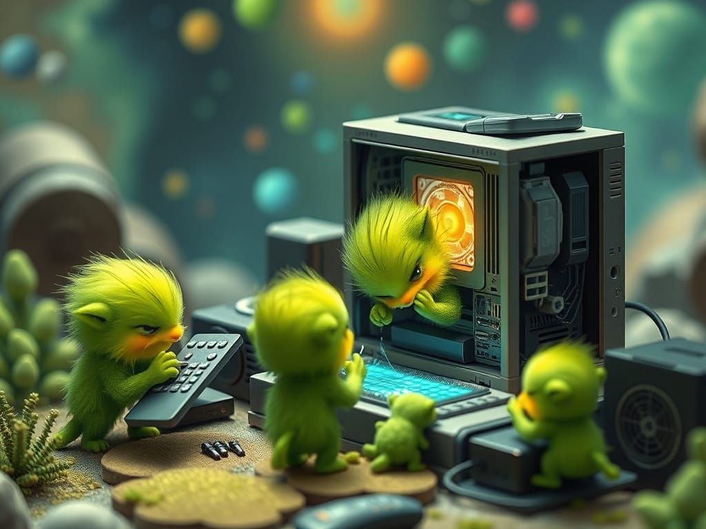 Cute Green Furry Creatures Fixing Computer, Comic Book Art