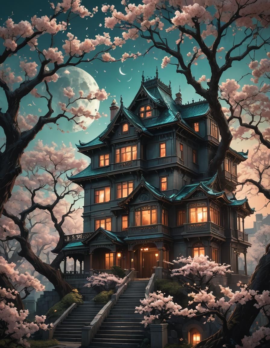 Haunted house amidst a cherry blossom grove