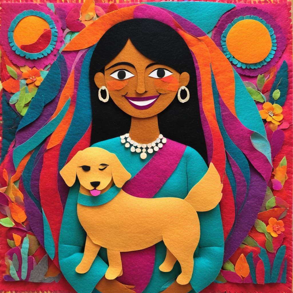 Smiling Woman and Dog in Colorful Felt Collage