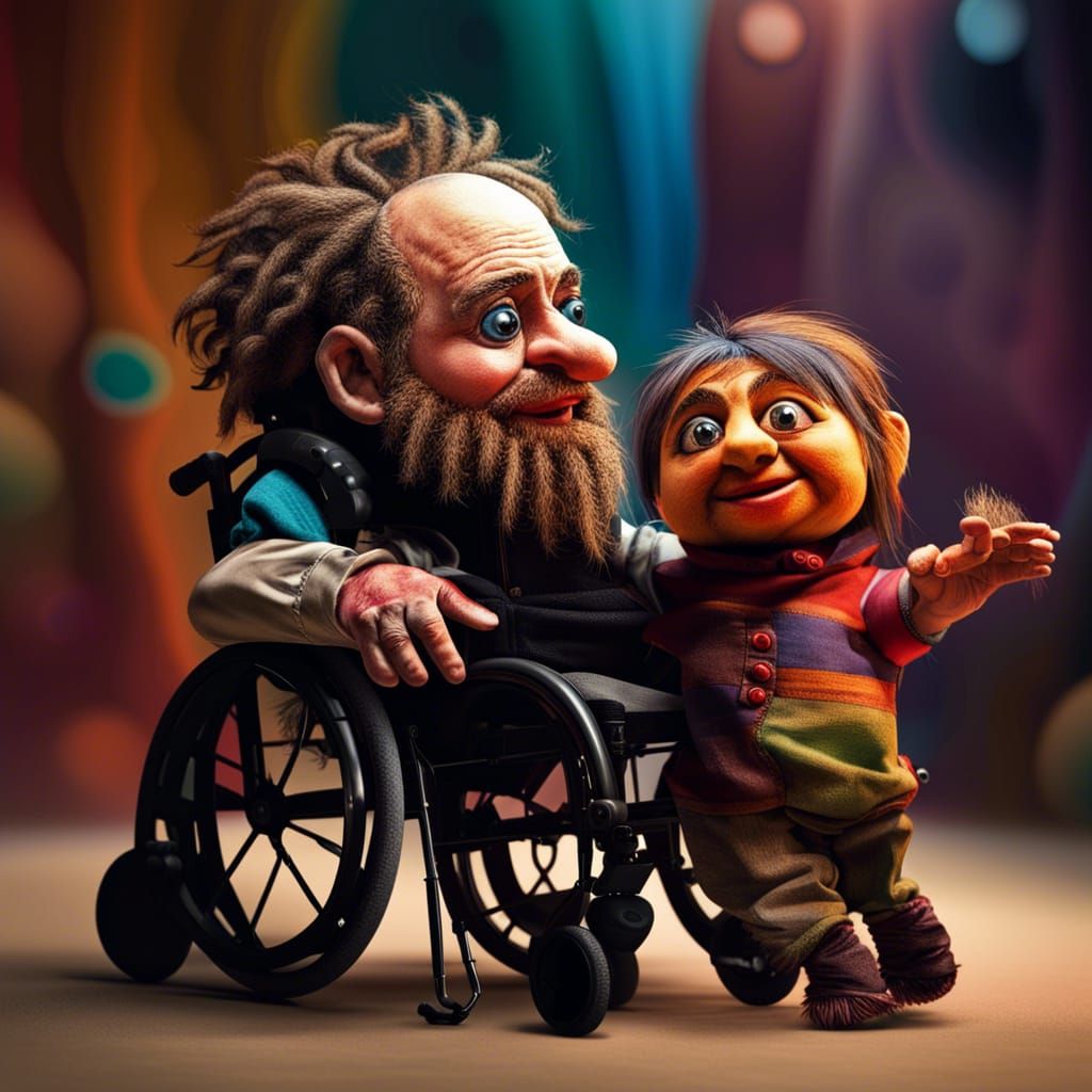 Hyperrealistic Puppets Chatting: Wheelchair and Dwarfism Rep...