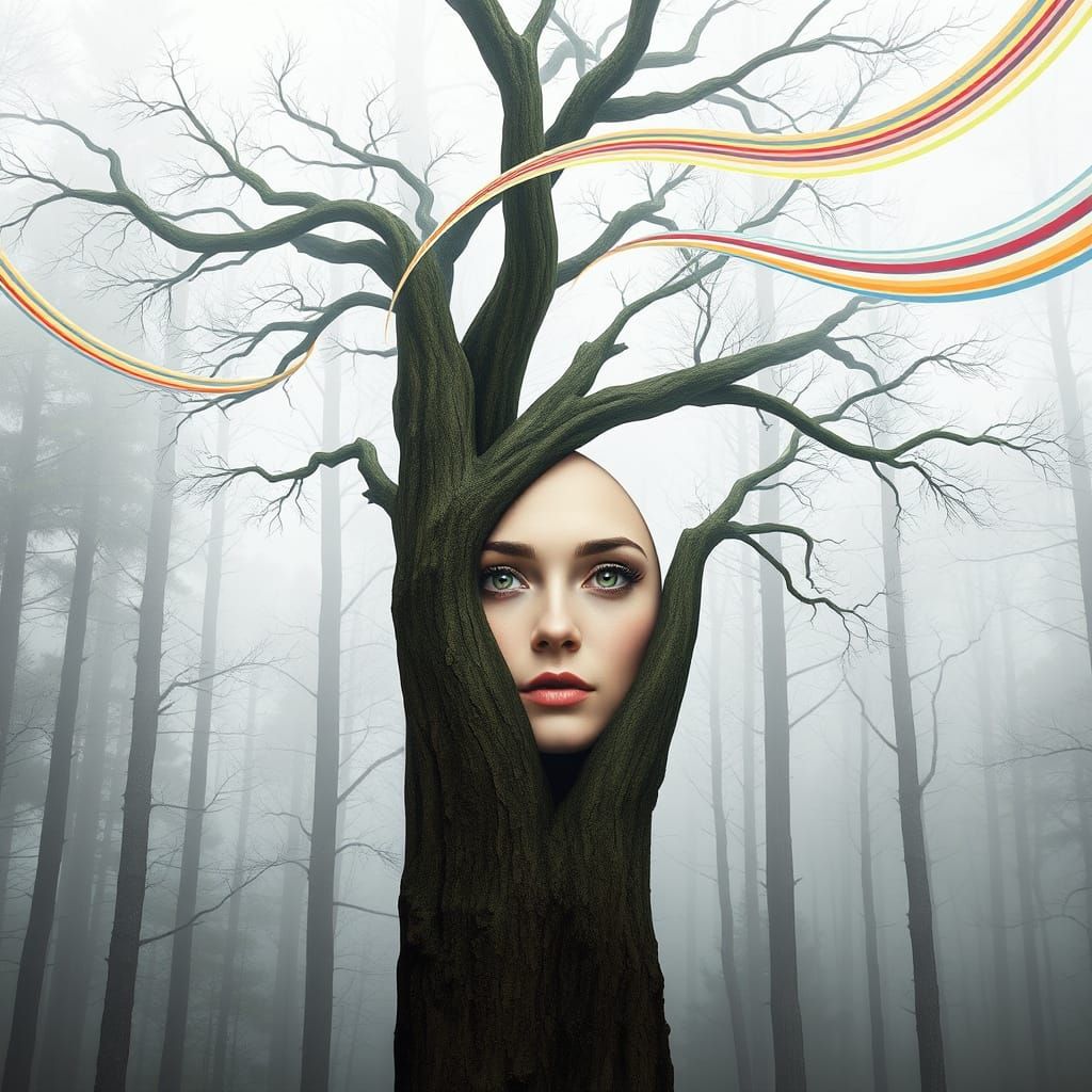 An image of trees with the face of a woman in between, with ...