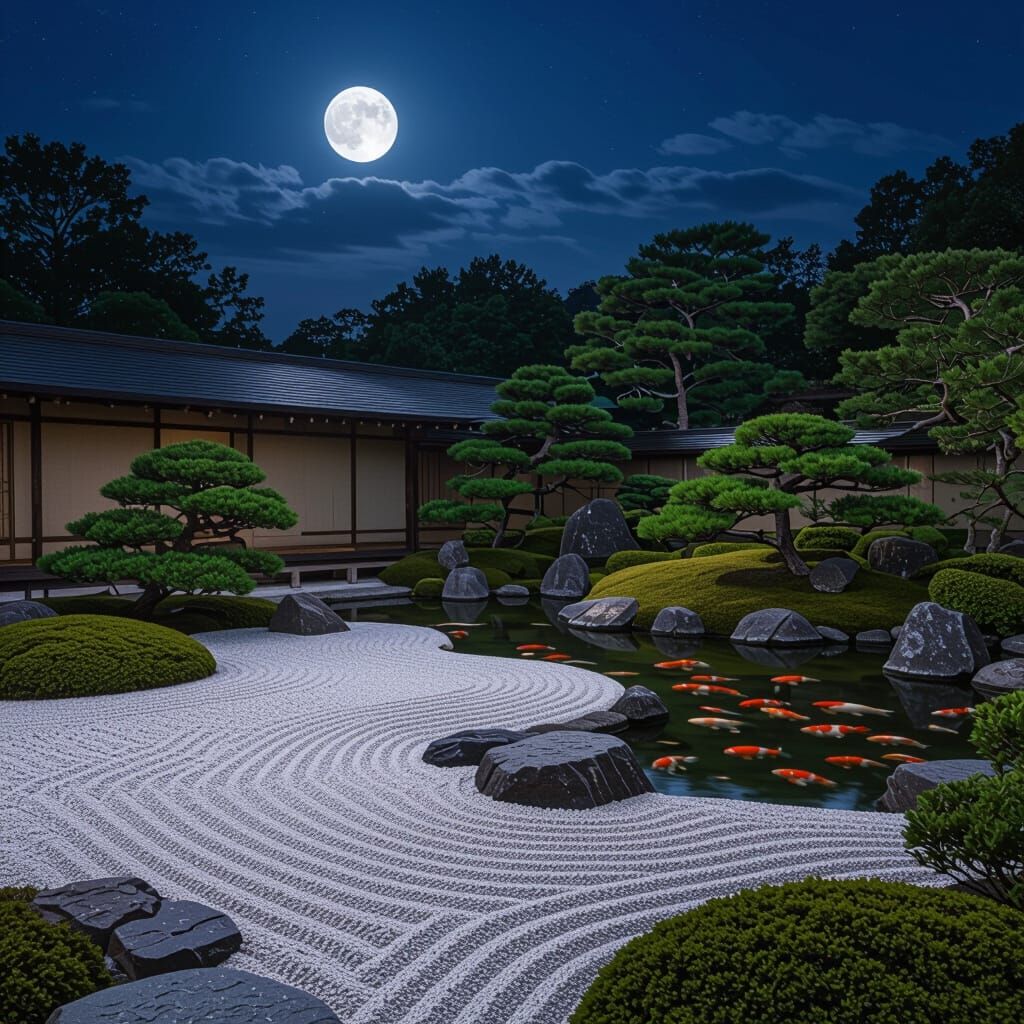 Tranquil Japanese Zen Garden Under Moonlight