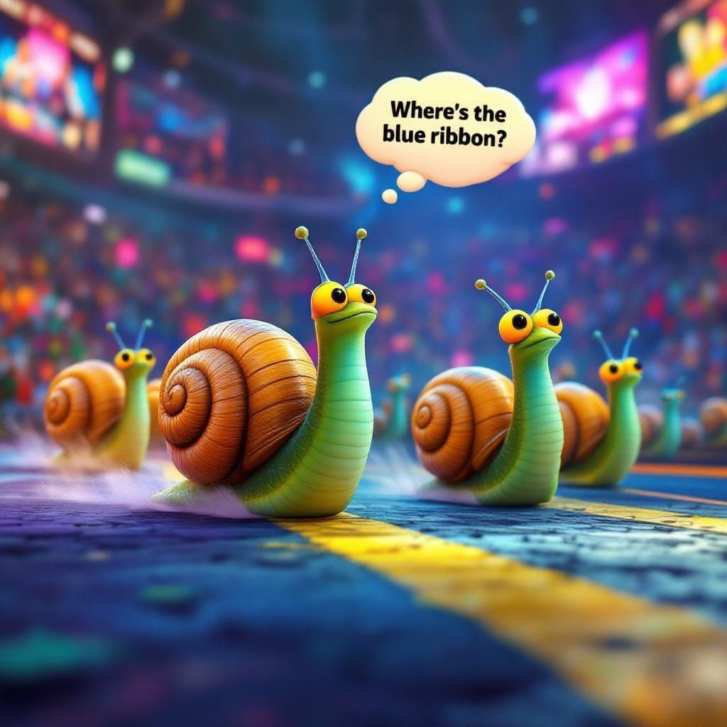 Snails Race in Neon Stadium: 3D Digital Art