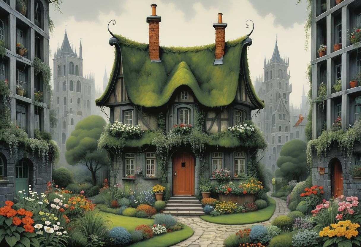 Cozy Cottage Amidst Forbidding Cityscape in Vibrant Colors