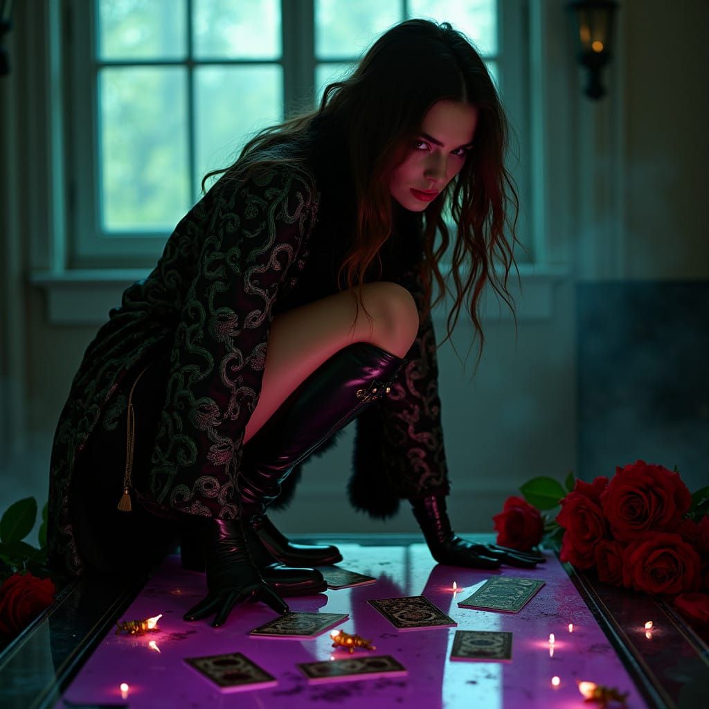 Mysterious Female Magician in a Dimly Lit, Purple-Tinted Roo...