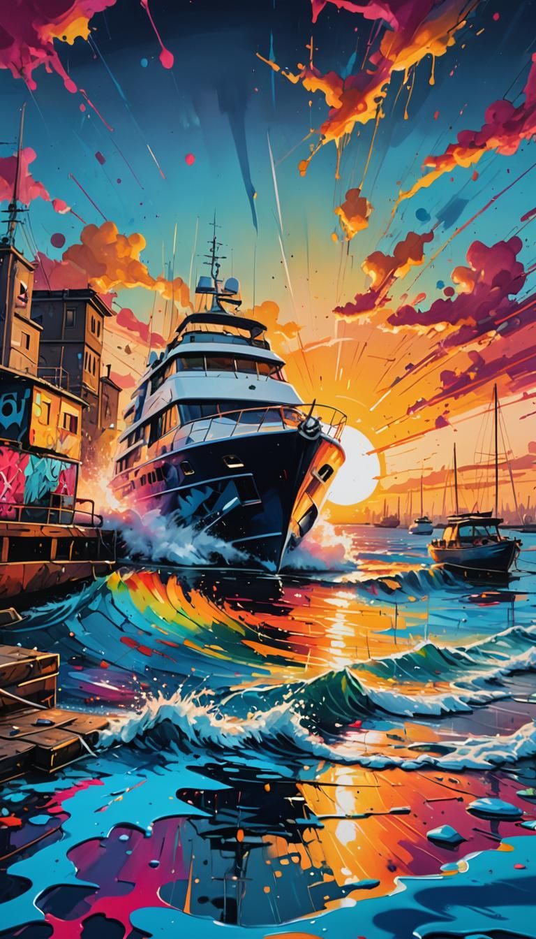 Yacht at Sunset: Graffiti and Splash Art Style