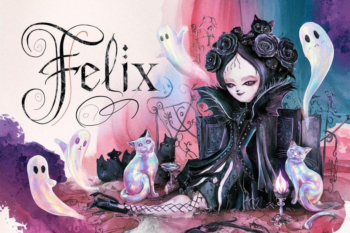 Whimsical Watercolor of "Felix" with Gothic Figure