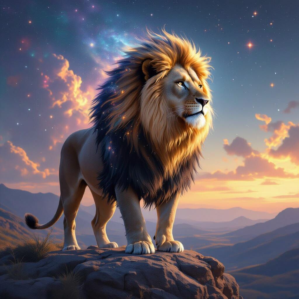 Cosmic Lion Overlooking a Galaxy Valley