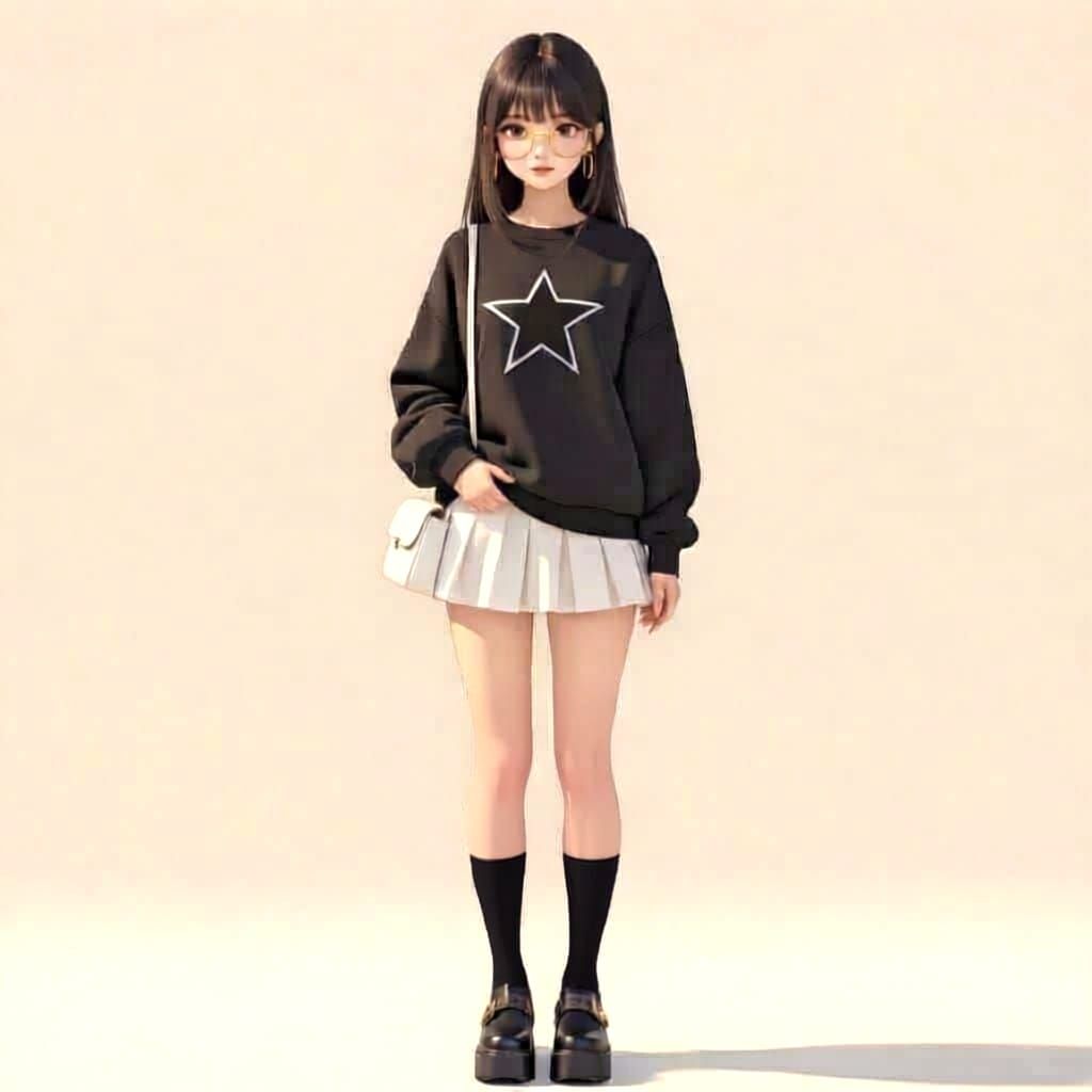 Realistic Anime Girl in Black Sweatshirt and White Skirt