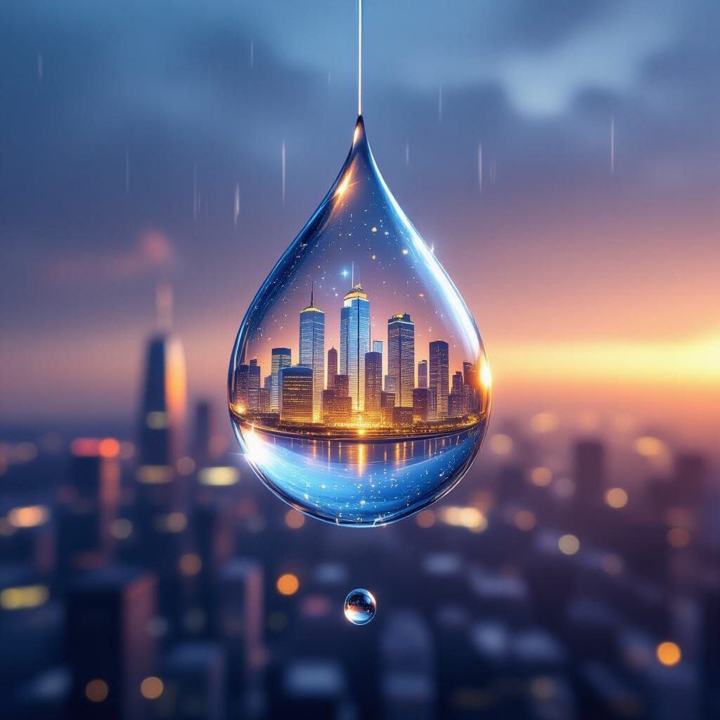 Glowing Glass City Inside Falling Raindrop