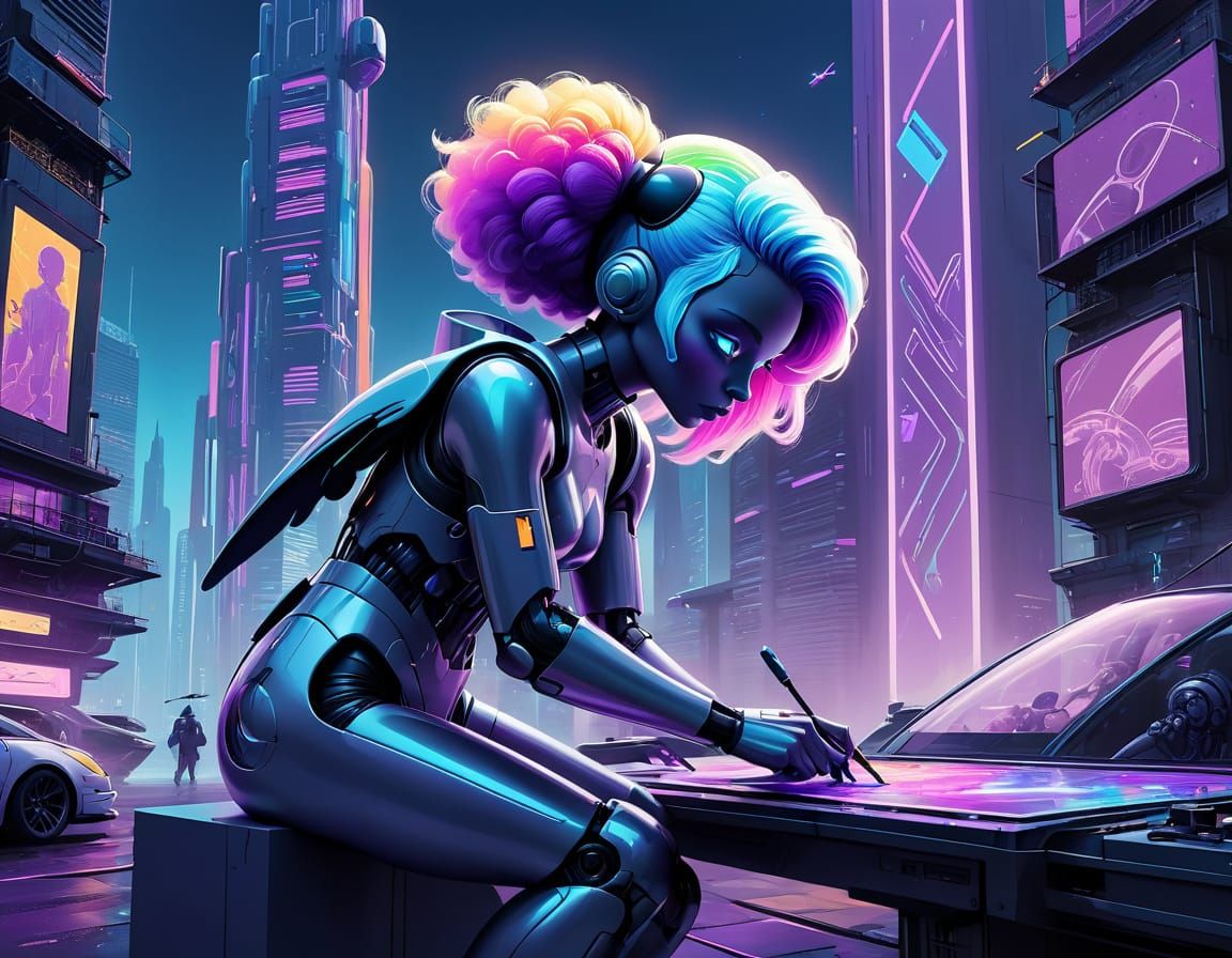 Android Street Artist in Cyberpunk City