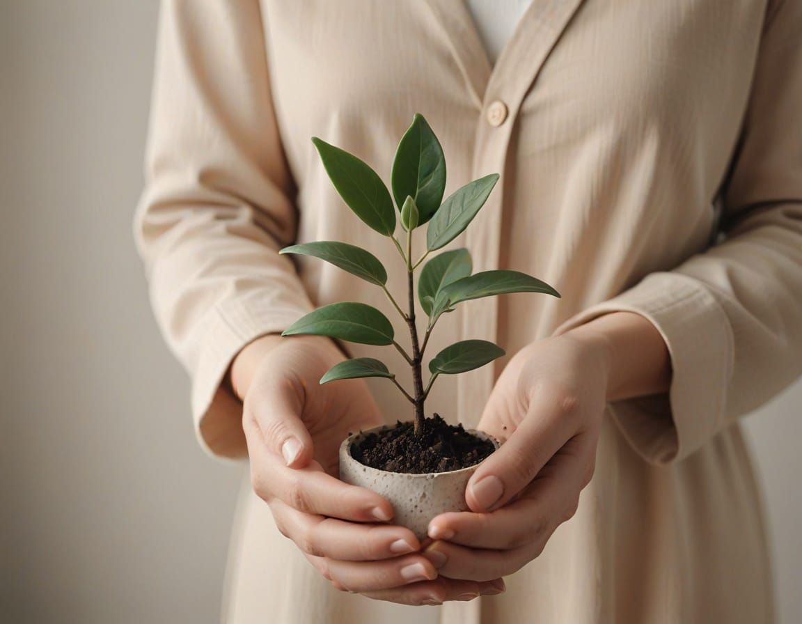 Minimalist Woman Holding Plant: Macro Photography