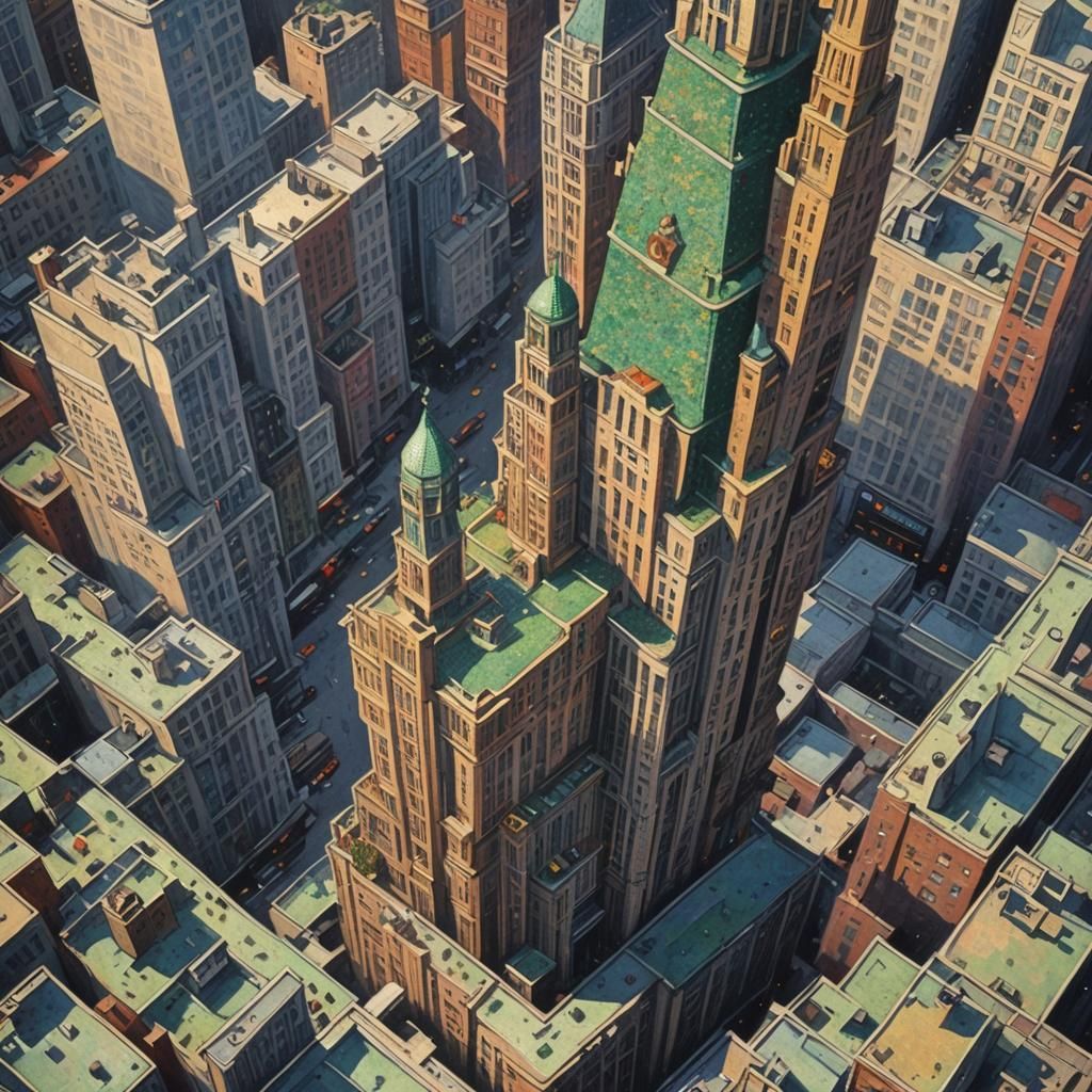 Art Deco Tower View in Kinetic Pointillism