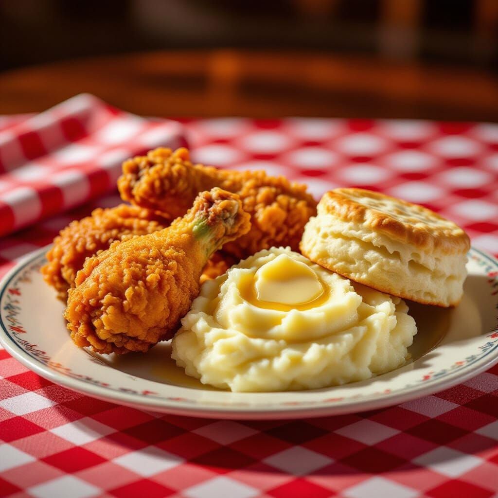 Hyper-Realistic Fried Chicken Dinner on Checkered Tablecloth