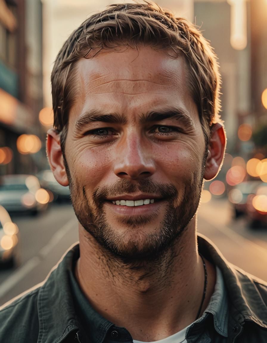 Cinematic Portrait of a Smiling Man at Sunset