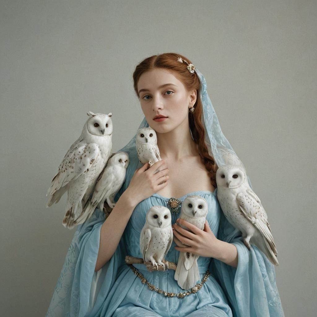 Ethereal Woman with Owls in Renaissance Style