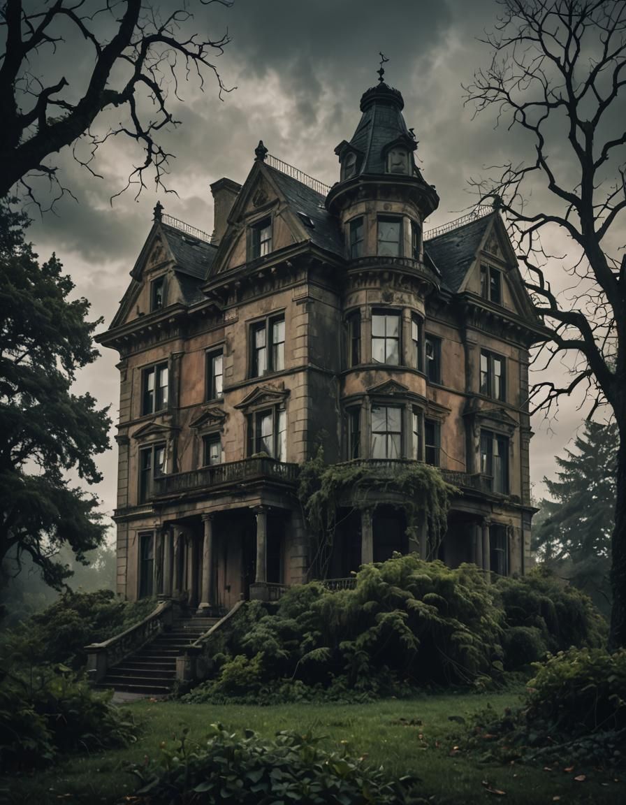 Eerie Abandoned Mansion with Spectral Figure in HDR Style