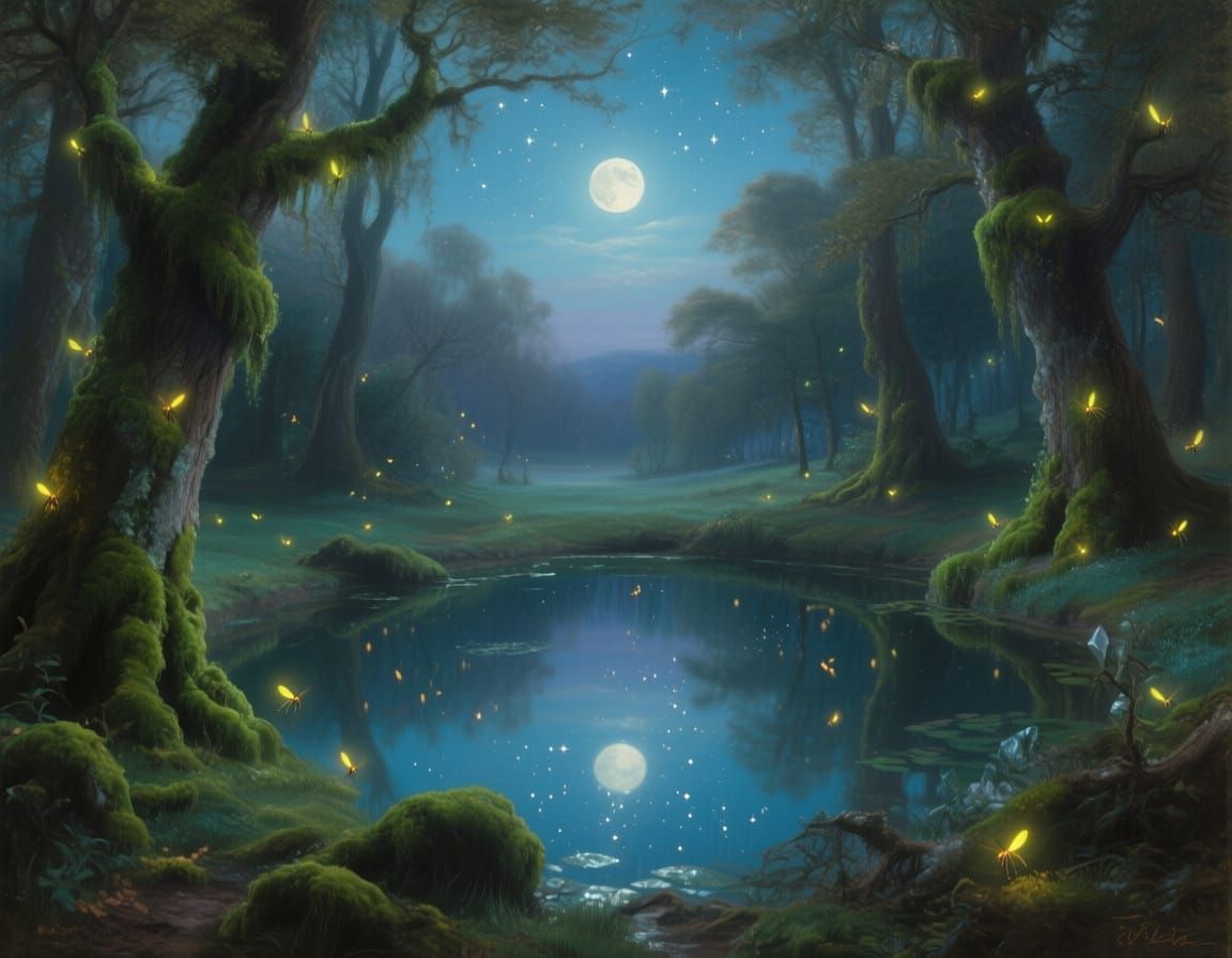 Enchanted Forest Clearing with Moonlit Pond