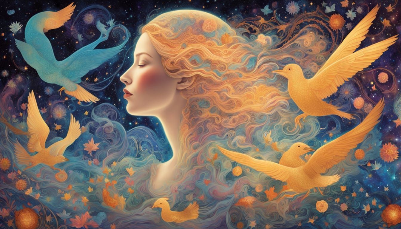 Ethereal Woman Transforms into Birds Amid Cosmic Energy