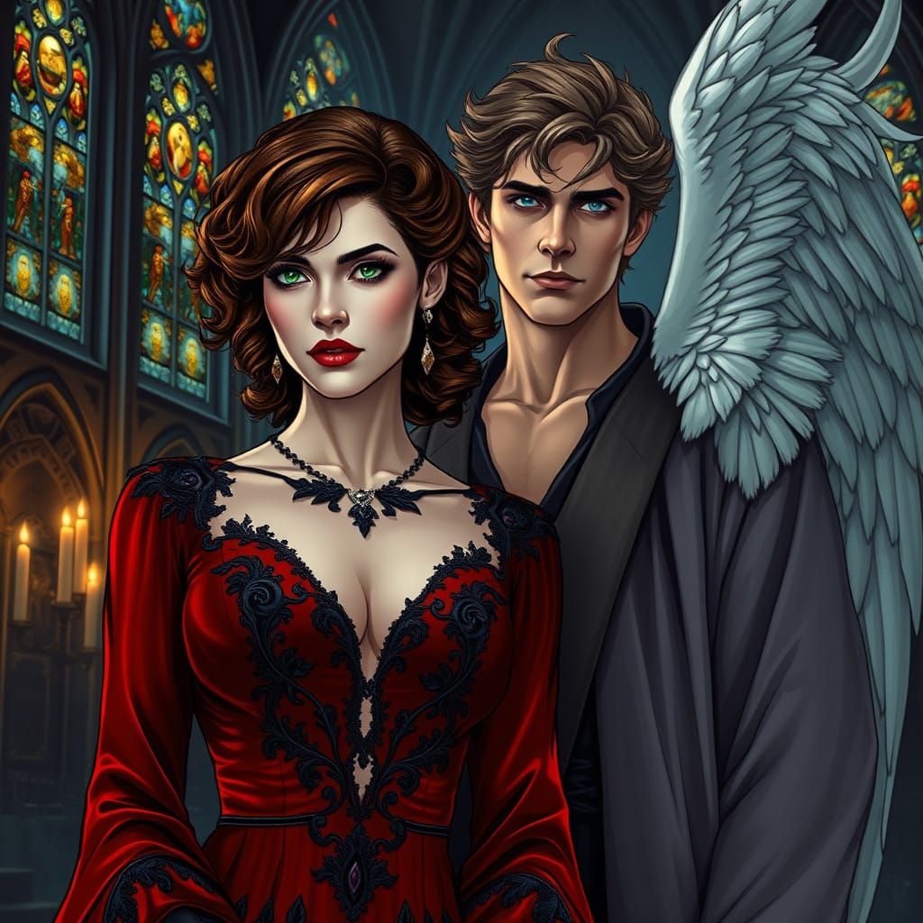 Ethereal Vampire and Angel in Gothic Cathedral