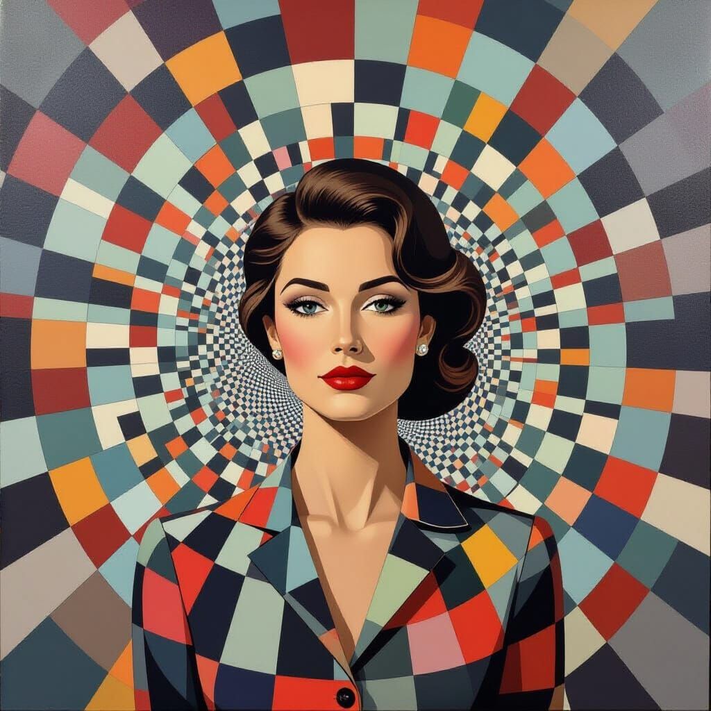 Geometric Woman: Optical Illusion in Grayscale and Color