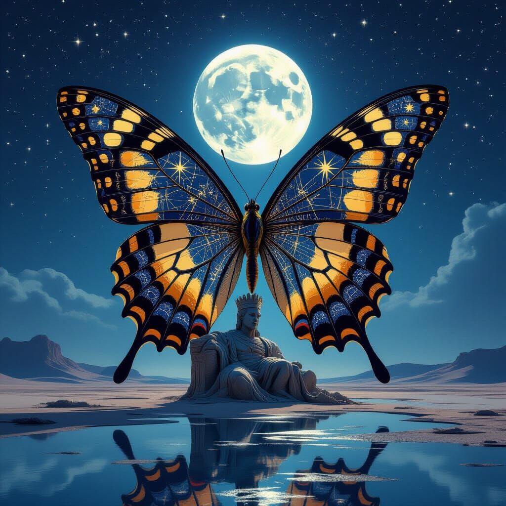 Giant Celestial Butterfly on Ruined Statue in Desert Sea