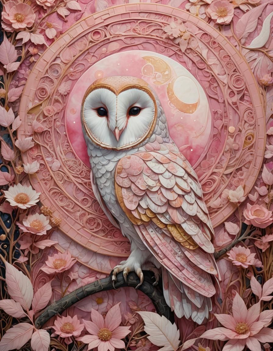 Pink Velvet Barn Owl Quilted Art Dreamscape