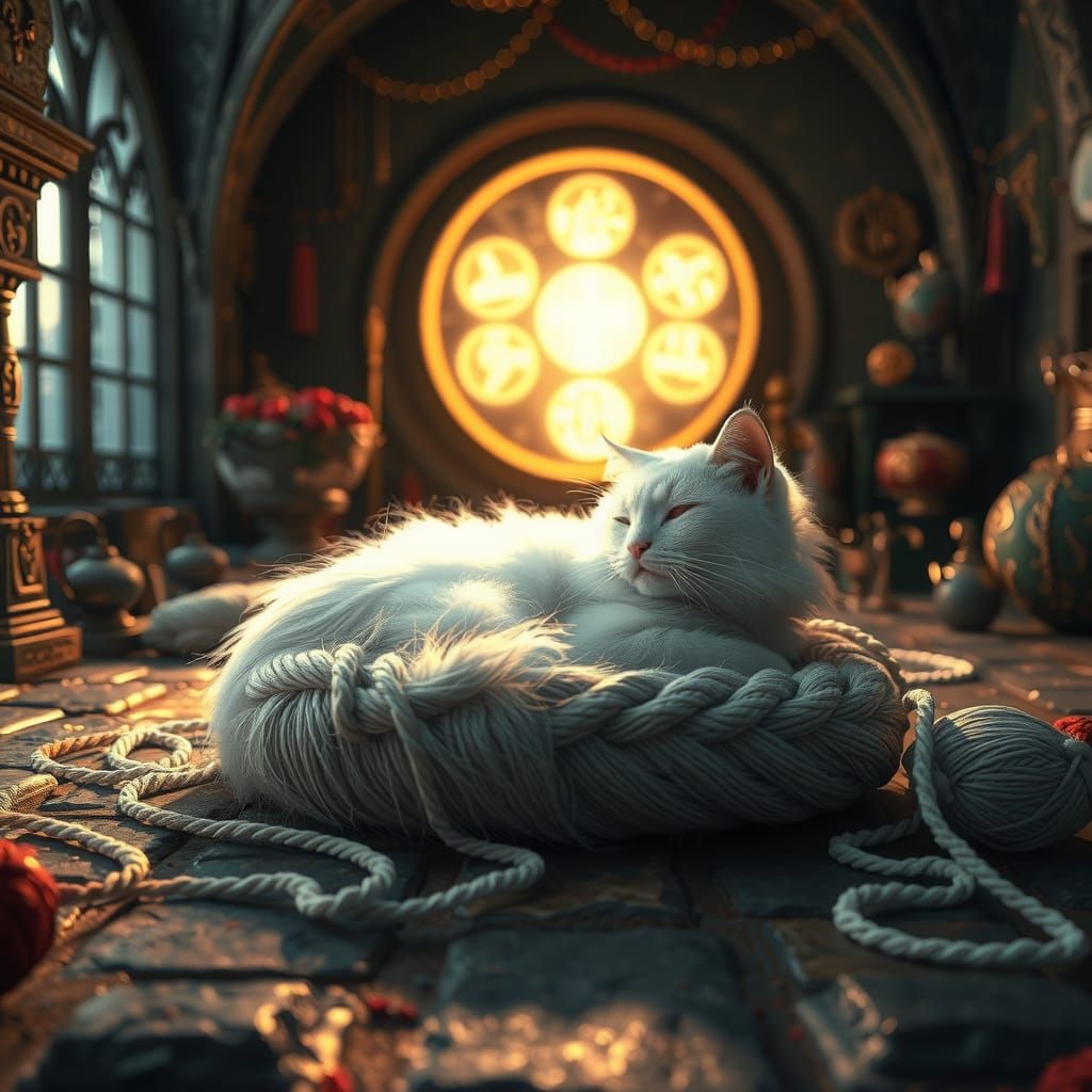 Fluffy Cat in Mystical Chamber: 3D Rendered Scene