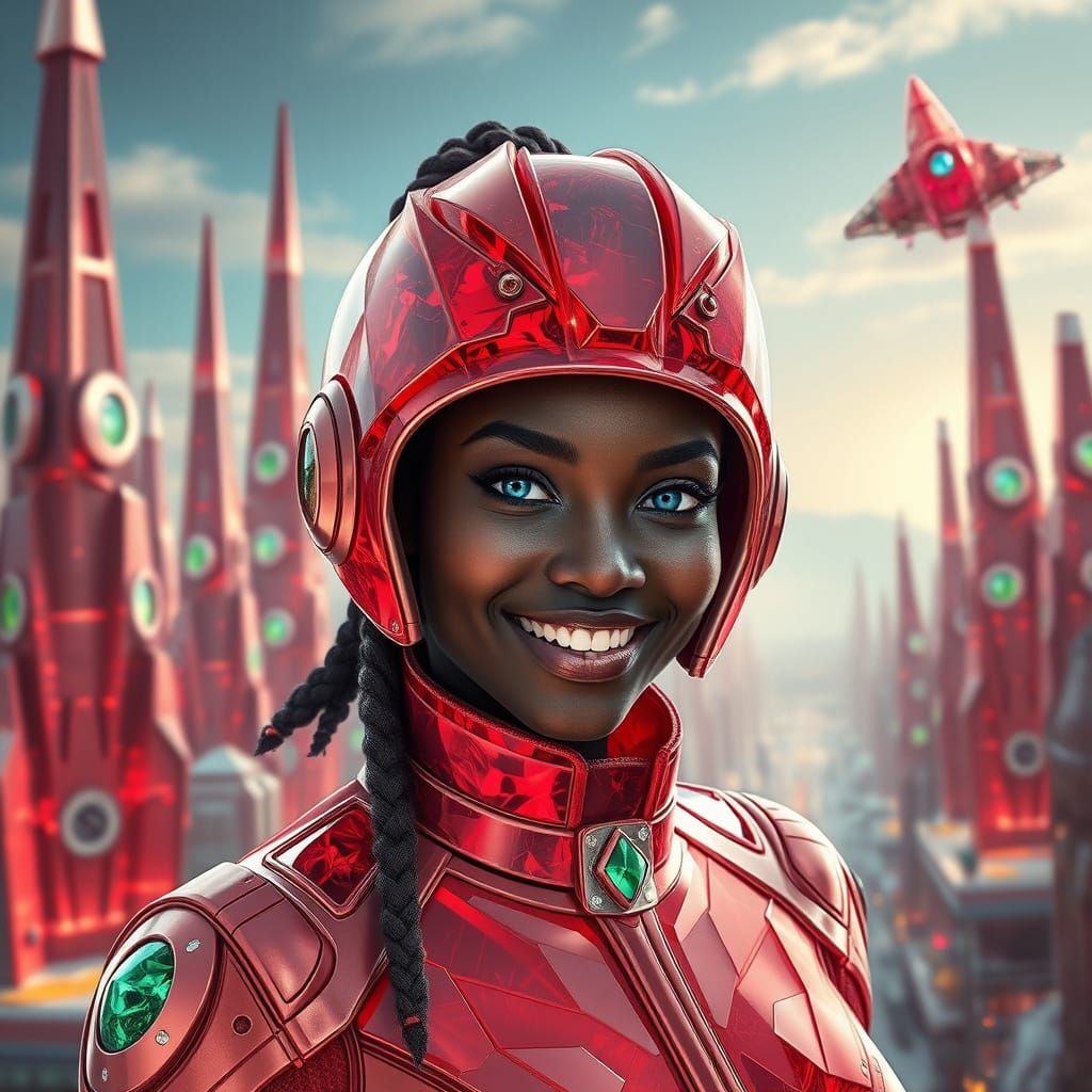 Futuristic Red Crystal City with Crystal Uniform