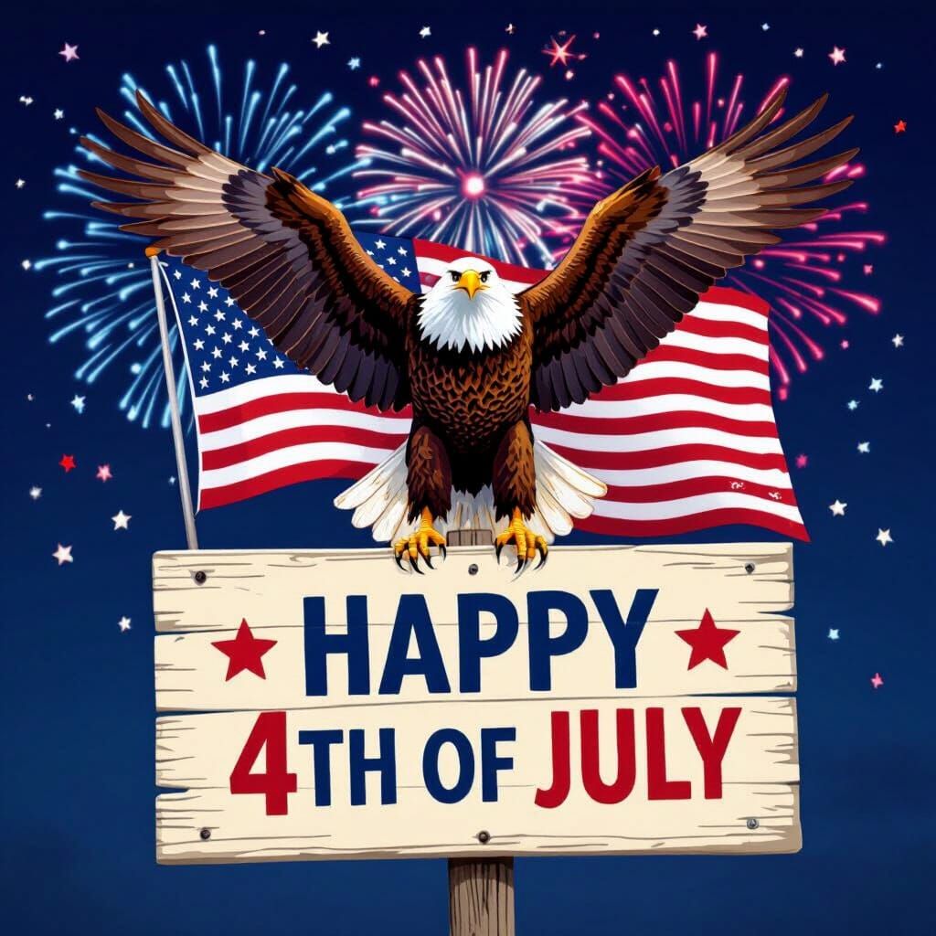 Patriotic Eagle Celebrates Independence Day with Fireworks