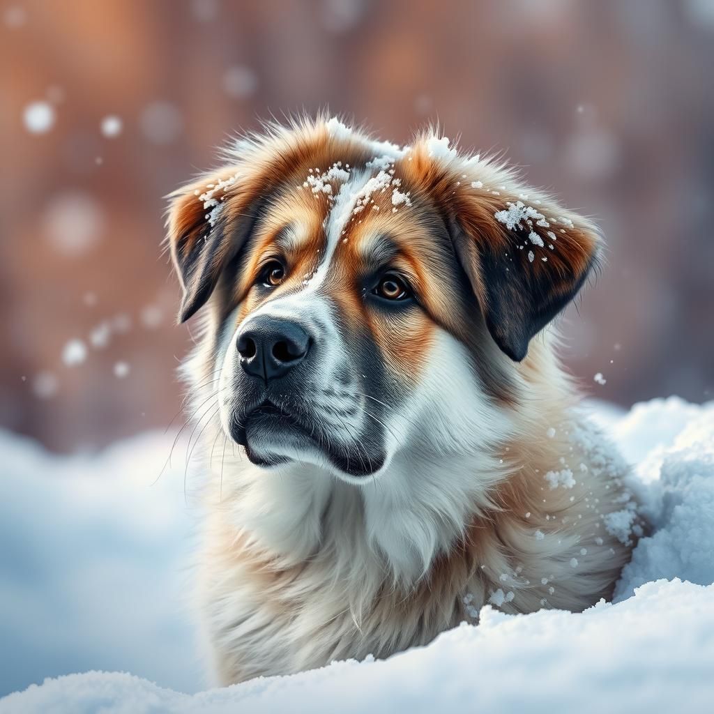 Anatolian Shepherd Puppy in Snow, Hyperrealistic Splash Art