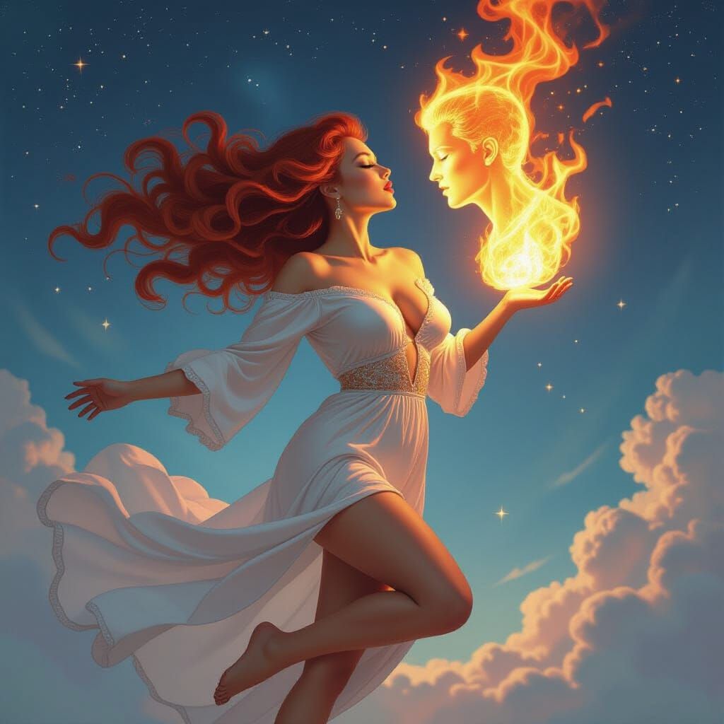 Acrobatic Woman Kissing Fire: Holographic Astral Cosmic Art