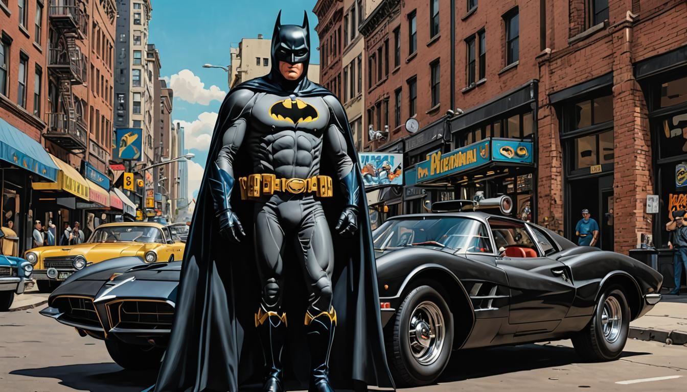 a detailed of Adam West’s  Batman standing next to the origi...