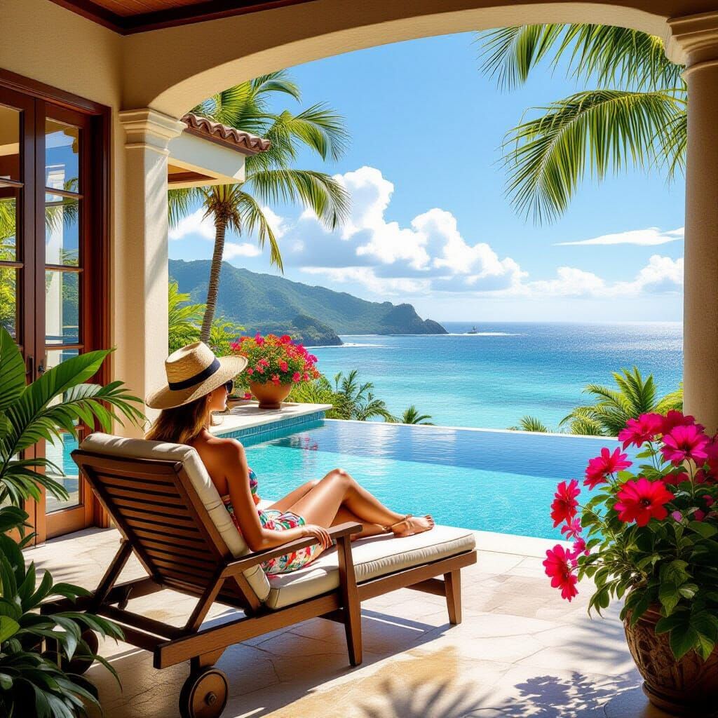 Woman Tanning on Mansion Balcony Overlooking Pacific Ocean