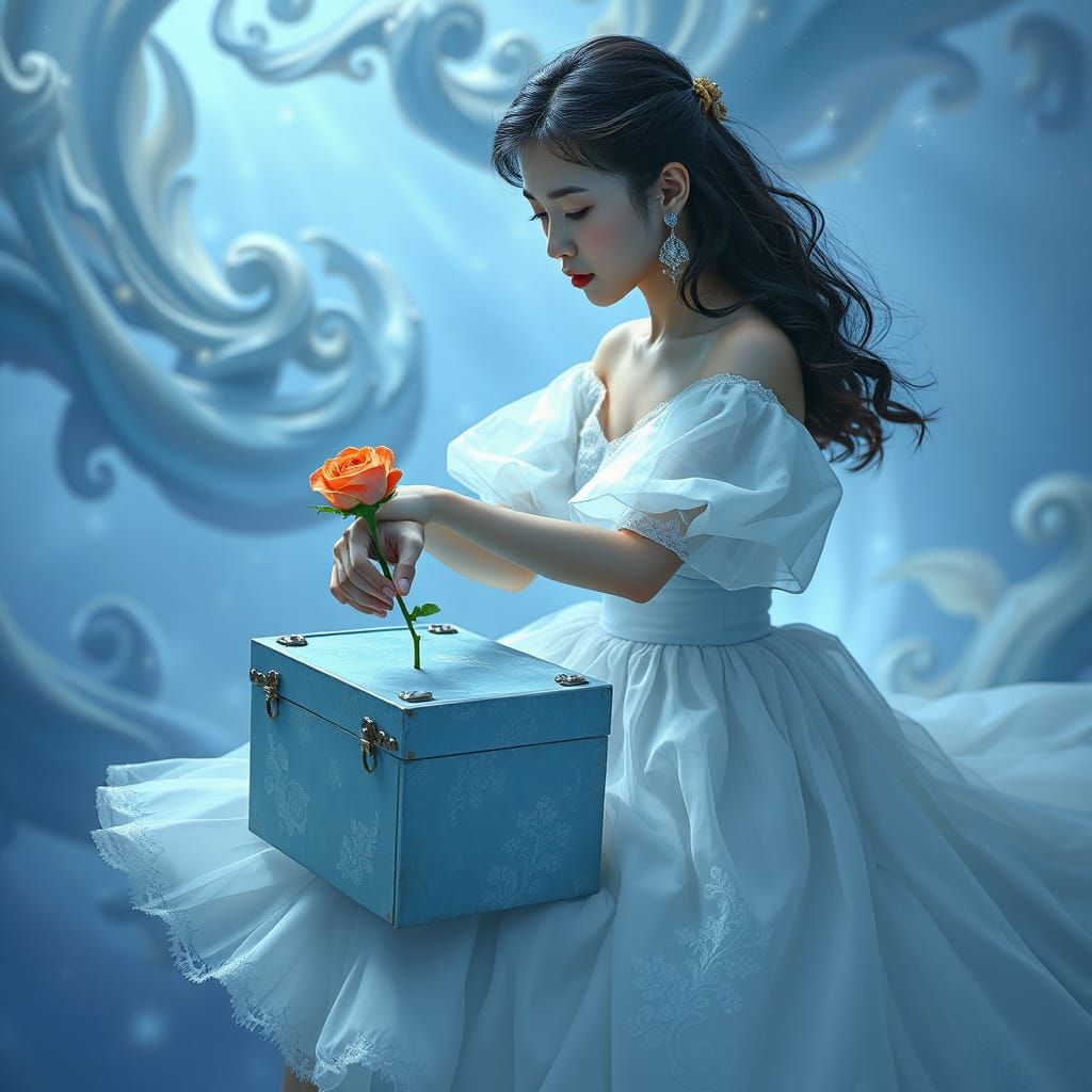 Woman Reaches for Rose from Blue Box in Dreamlike Scene