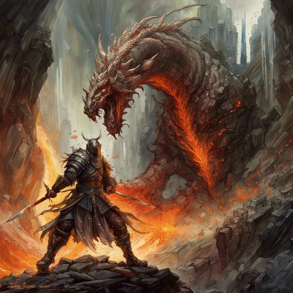 High Gothic Dark Souls Dark Fantasy Paladin Knight wielding a katana, fighting a giant magma wyrm, wyrm breathing fire, ...
